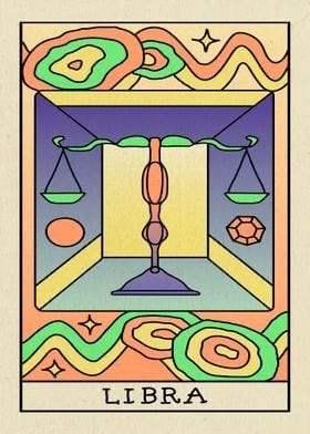 Psychedelic swirls of orange, yellow, and green surround the scales of Libra Psychedelic swirls of orange, yellow, and green surround the scales of Libra