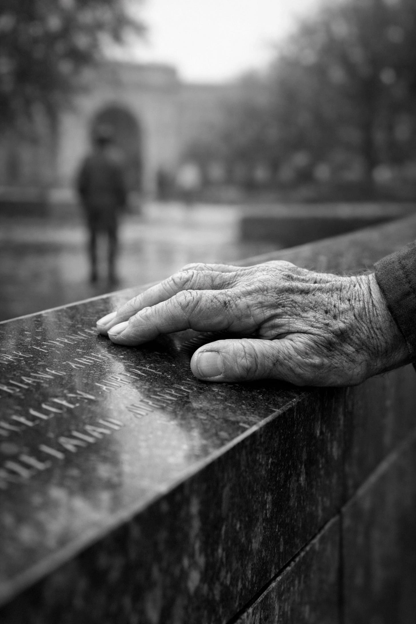 Black and white image of an elderly hand resting on a marble memorial wall in solemn remembrance | Dr. Marcus Peter