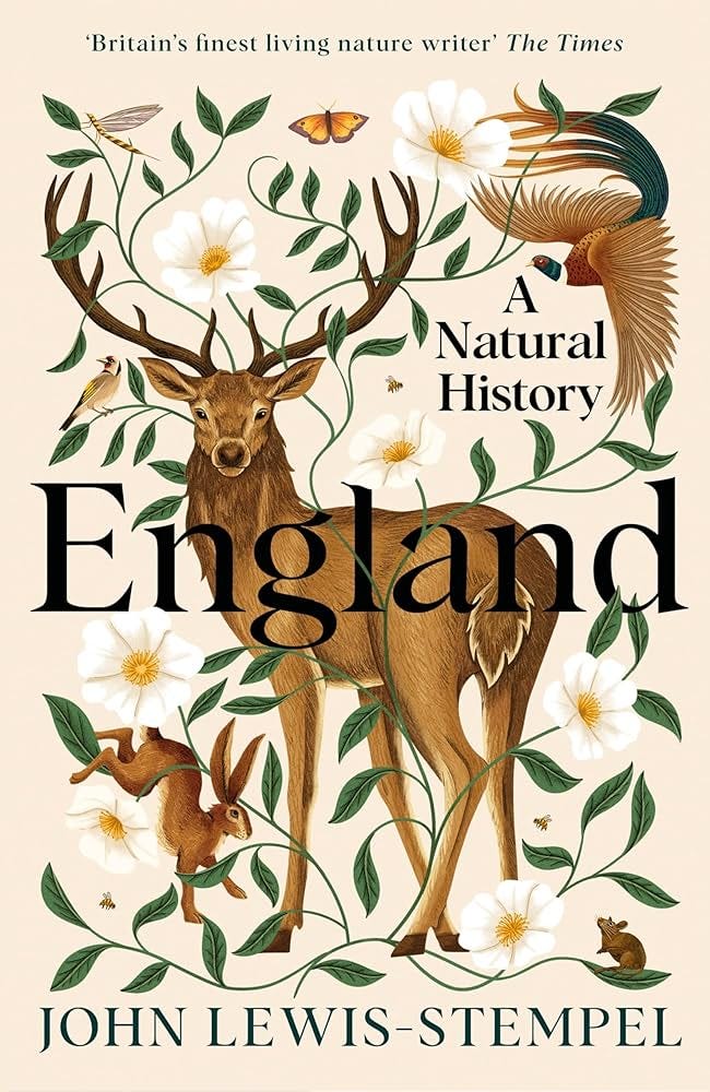 Book cover of A Natural History of England by John Lewis Stempel featuring a deer with large antlers, white flowers, and a hare.
