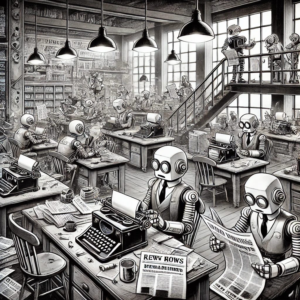 A black and white cartoon-style image with a vintage newspaper feel, depicting a newsroom filled with robots. The robots are busy typing on typewriters, editing papers, talking on old-fashioned phones, and running around with documents in hand. The room is full of desks stacked with newspapers, with headlines being written and stories edited in real-time. The scene captures the chaotic yet productive energy of a vintage newsroom, with the humorous twist of robots filling the roles of journalists and editors. The style remains exaggerated and cartoonish, adding to the lively atmosphere.