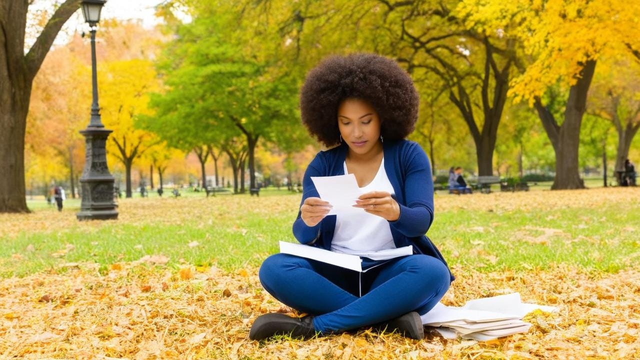 African American woman sitting in the park in the fall writing a letter African American woman sitting in the park in the fall writing a letter