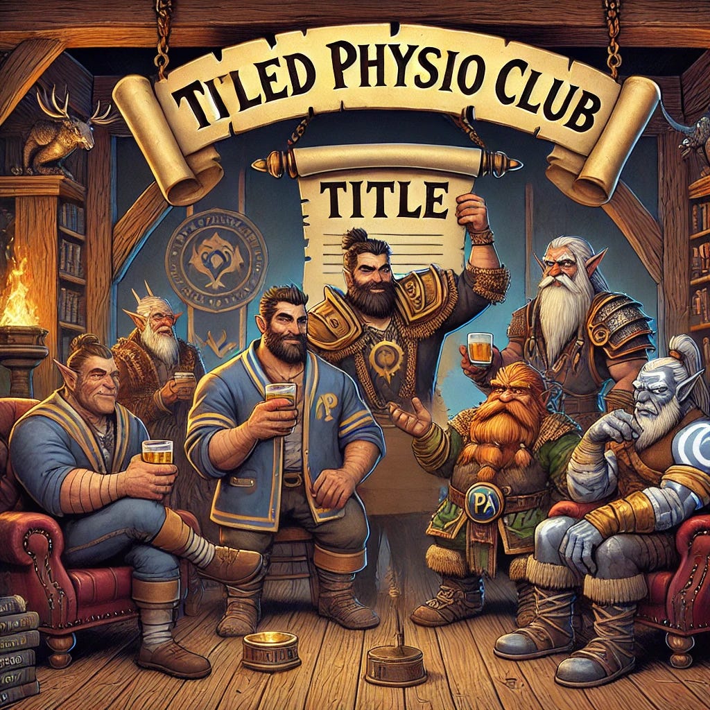 A satirical fantasy-style illustration of a 'Titled Physio Club' styled like an old-school gentleman's club, but with World of Warcraft-inspired characters. The room features dark wood, a roaring fireplace, mounted trophies, and leather armchairs. Instead of physiotherapists, there are fantasy characters (dwarves, elves, orcs) wearing robes, armor, or APA-like badges, sipping whisky and polishing scrolls labeled 'TITLE'. One character gestures proudly to a scroll mounted like a hunting trophy. The scene is tongue-in-cheek, blending healthcare satire with fantasy aesthetics.