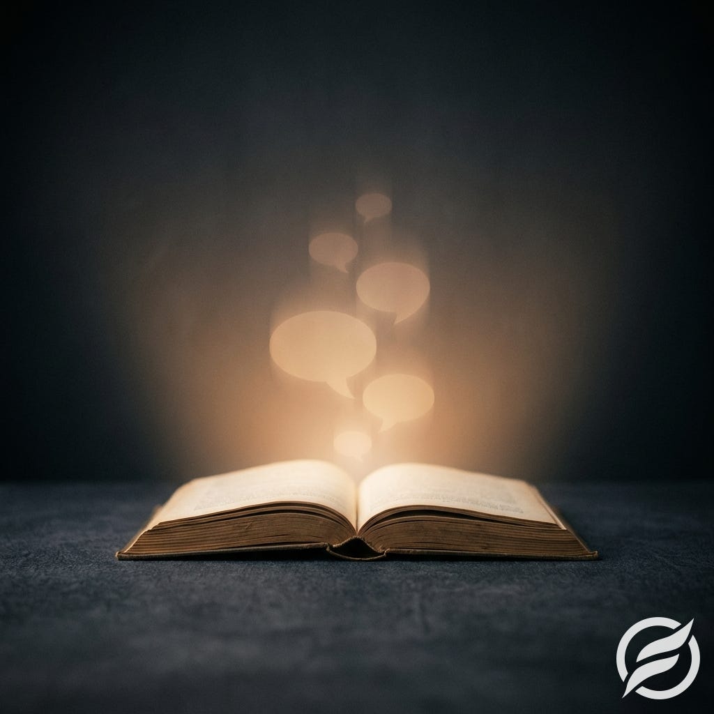 Open book with glowing speech bubbles rising from pages Open book with glowing speech bubbles rising from pages