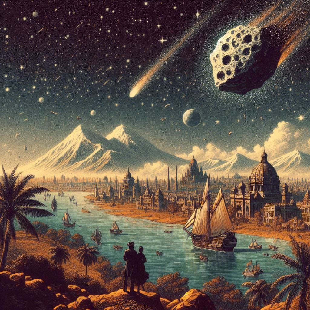 asteroid flying over india in 1900, solarpunk sci-fi drawing