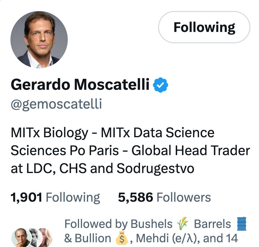 Gerardo Moscatelli @gemoscatelli MITx Biology - MITx Data Science Sciences Po Paris - Global Head Trader at LDC, CHS and Sodrugestvo Gerardo Moscatelli @gemoscatelli MITx Biology - MITx Data Science Sciences Po Paris - Global Head Trader at LDC, CHS and Sodrugestvo