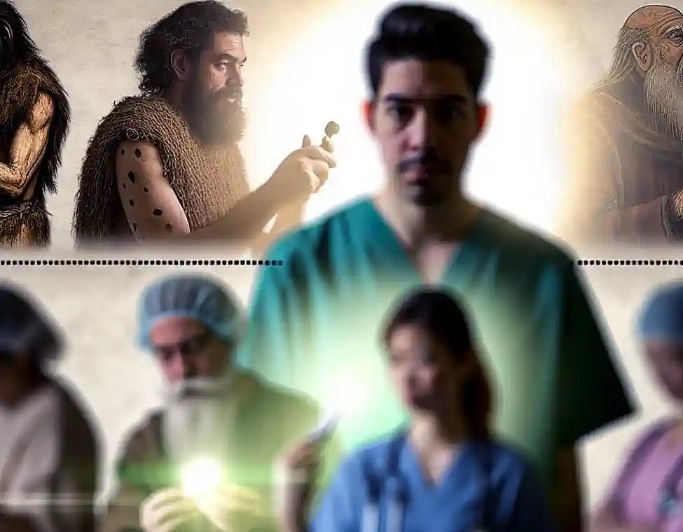 An AI image showcasing significant medical advancements throughout history, from ancient practices to modern innovations.