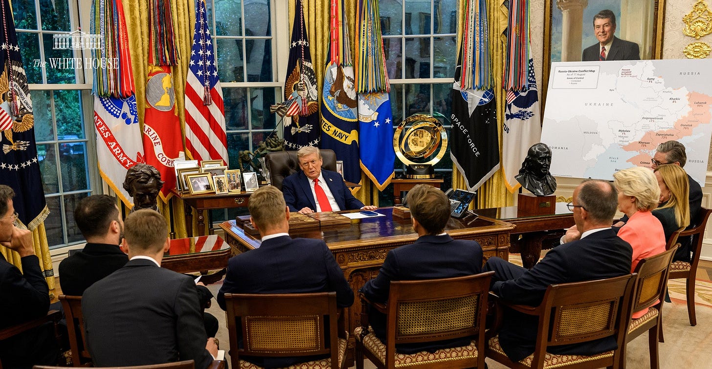 Some on social media noted that the set up, with Trump behind the Resolute Desk and his European counterparts on chairs opposite him, presented the president as hosting a bunch of ‘unruly schoolchildren’ Some on social media noted that the set up, with Trump behind the Resolute Desk and his European counterparts on chairs opposite him, presented the president as hosting a bunch of ‘unruly schoolchildren’
