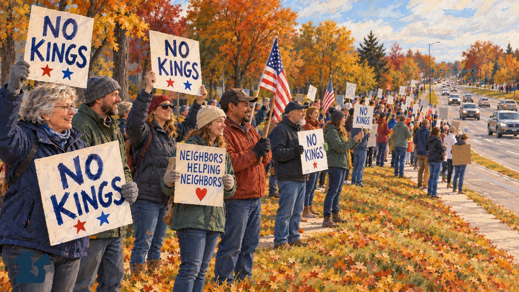 Painterly illustration of neighbors holding No Kings signs and American flags along a busy suburban road, surrounded by golden autumn trees and fallen leaves.