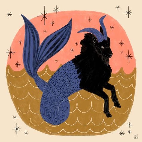 Image ID: Black goat head and front legs with a blue fish/mermaid tail attached. There is a pink sky and doodly sparkles behind it with gold watery waves beneath it. 
