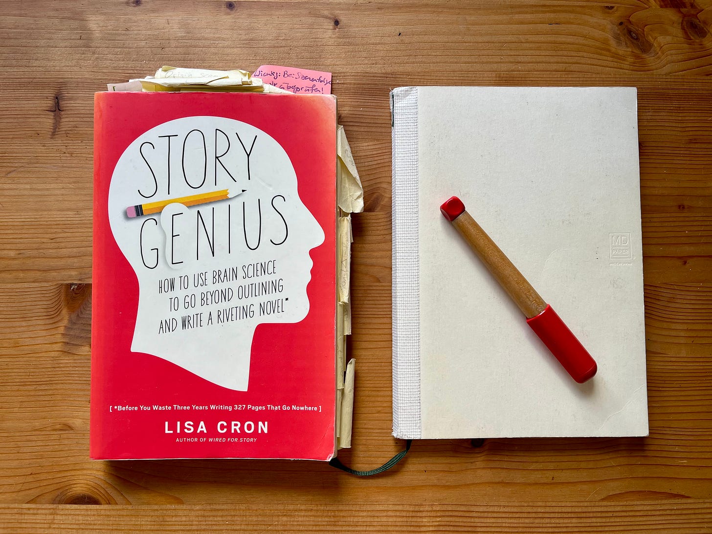 Das Buch Story Genuis und ein weißes Noitzbuch auf einem Holztisch, von oben fotografiert. Auf dem Noitzbuch liegt ein Lamy-Schulfüller.