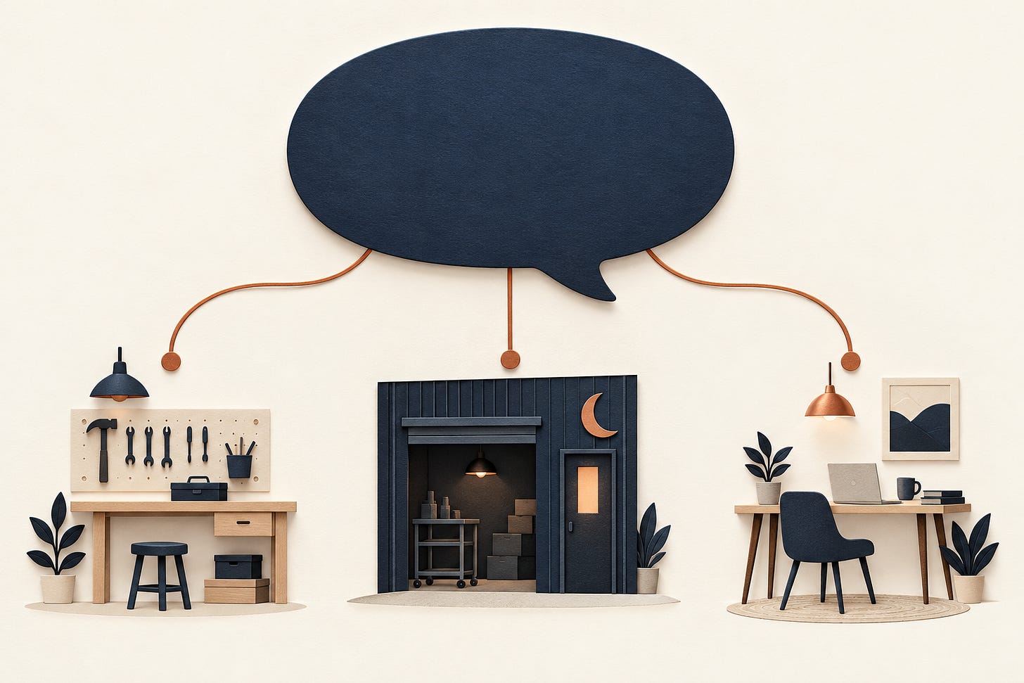 Paper-cut illustration of a blank navy speech bubble above a workshop bench, a moonlit workshop entrance and a desk with a laptop.