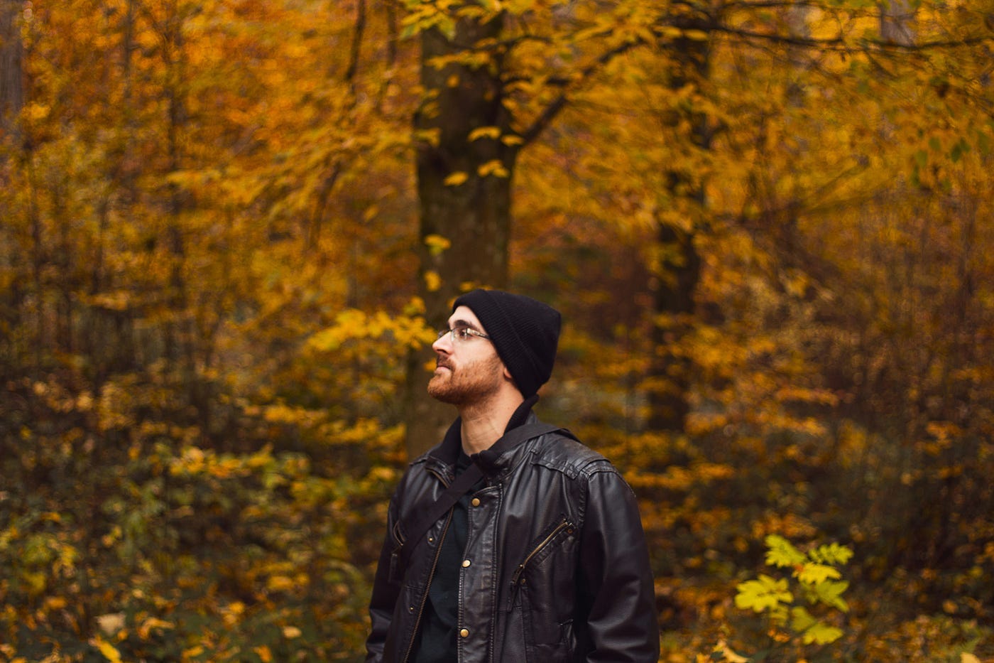 A man in a hat and glasses stands before yellow autumn trees