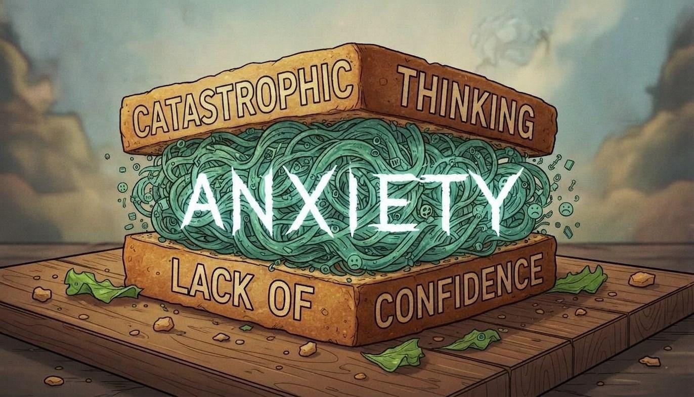 A sandwich sits on a table with serene clouds in the background. The top slide of sandwich bread is labelled “Catastrophic Thinking” and the bottom slide of bread is labelled “Lack of Confidence”. The middle of the sandwich is a dark green swirling cloud labelled “Anxiety” in an aggressive, choppy font. 