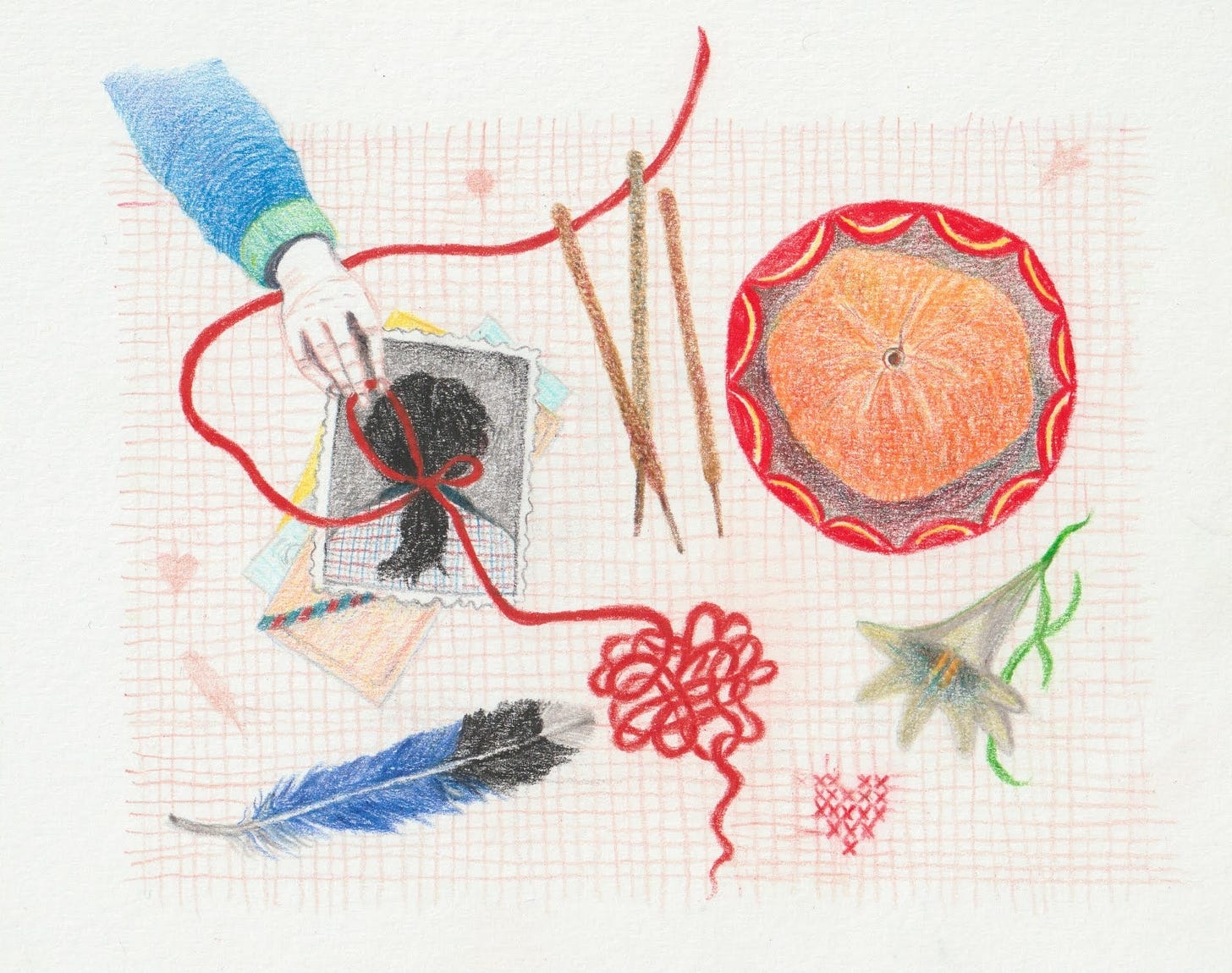 illustration of a table with a feather, a red thread, pictures, a flower, and someone's hand tying a knot 