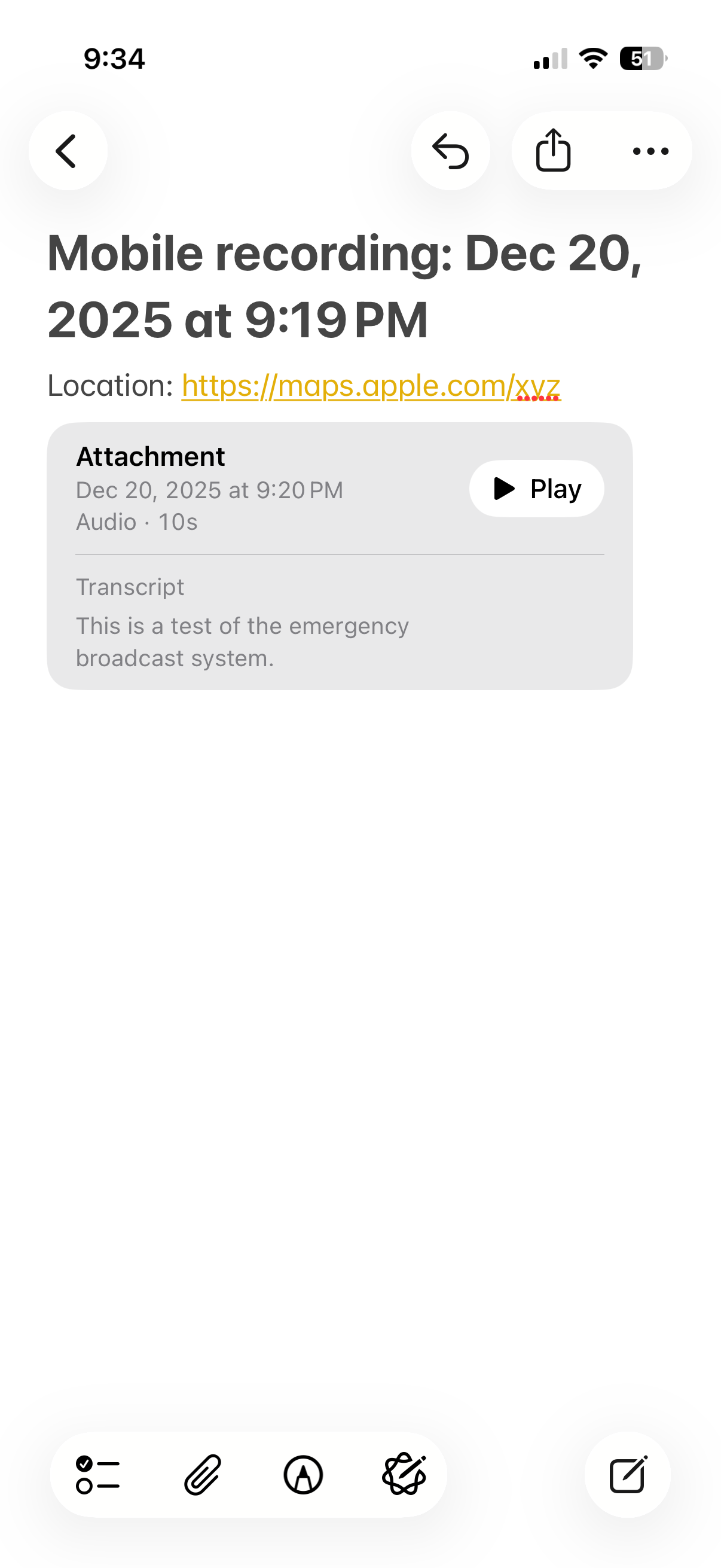 Apple Notes screen showing an automatically created note with a timestamp, a Maps location link, and an attached audio recording with transcript generated after the shortcut runs.