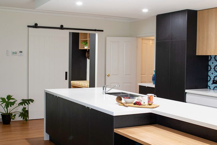large open plan family kitchen and mudroom in Crafers, Adelaide, designed by Plush Design Interiors and Penelope Herbert