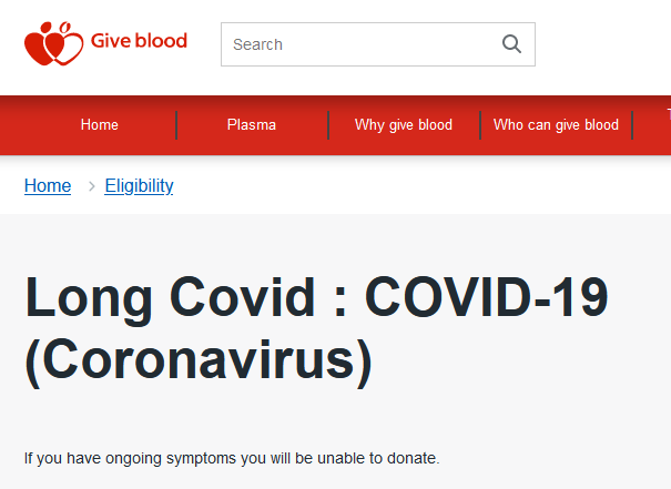 a screenshot from the blood.co.uk website, "Long Covid: COVID-19 (Coronavirus) page. Text reads: "If you have ongoing symptoms, you will be unable to donate. 