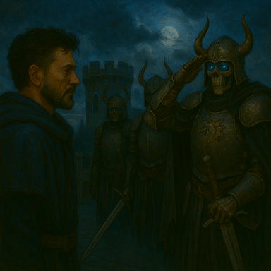 On the rooftop of Argynvostholt at dusk, several phantom knights stand in formation, saluting Fleetwood. The spectral warriors wear ancient, tarnished armor with faded blue cloaks, their skeletal faces hidden behind visored helms. Their eyes glow faintly with blue light, and their gauntleted hands rest over their hearts or raised in salute. Fleetwood stands before them, tall and resolute, his broad-shouldered frame wrapped in charcoal and navy fabrics with silver filigree accents. His dark hair is swept back, and his deep-set eyes gleam with quiet intensity. The cracked stone rooftop is bathed in violet twilight, with the cold wind stirring tattered banners and mist curling around the battlements. The Beacon looms in the background, still unlit. The atmosphere is reverent, mythic, and filled with solemn recognition. On the rooftop of Argynvostholt at dusk, several phantom knights stand in formation, saluting Fleetwood. The spectral warriors wear ancient, tarnished armor with faded blue cloaks, their skeletal faces hidden behind visored helms. Their eyes glow faintly with blue light, and their gauntleted hands rest over their hearts or raised in salute. Fleetwood stands before them, tall and resolute, his broad-shouldered frame wrapped in charcoal and navy fabrics with silver filigree accents. His dark hair is swept back, and his deep-set eyes gleam with quiet intensity. The cracked stone rooftop is bathed in violet twilight, with the cold wind stirring tattered banners and mist curling around the battlements. The Beacon looms in the background, still unlit. The atmosphere is reverent, mythic, and filled with solemn recognition.