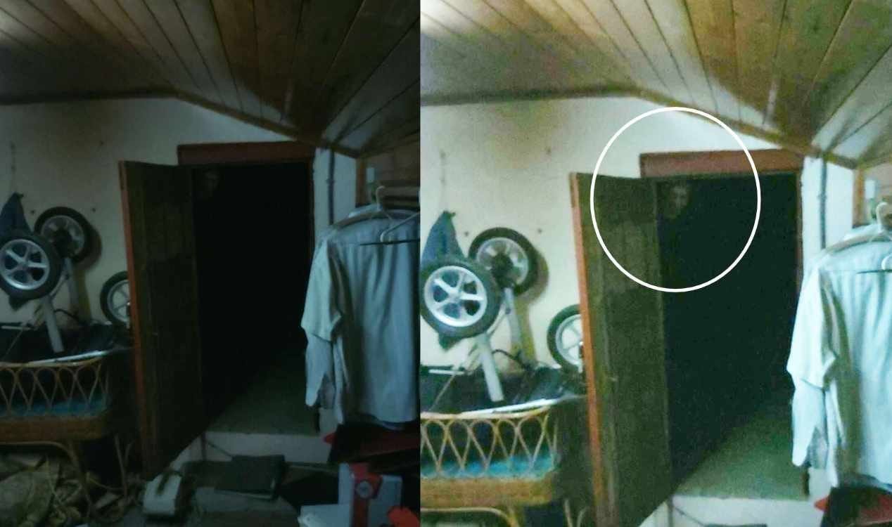Rosto estranho e fantasmagórico aparece em fotografia à direita de uma porta. Rosto estranho e fantasmagórico aparece em fotografia à direita de uma porta.