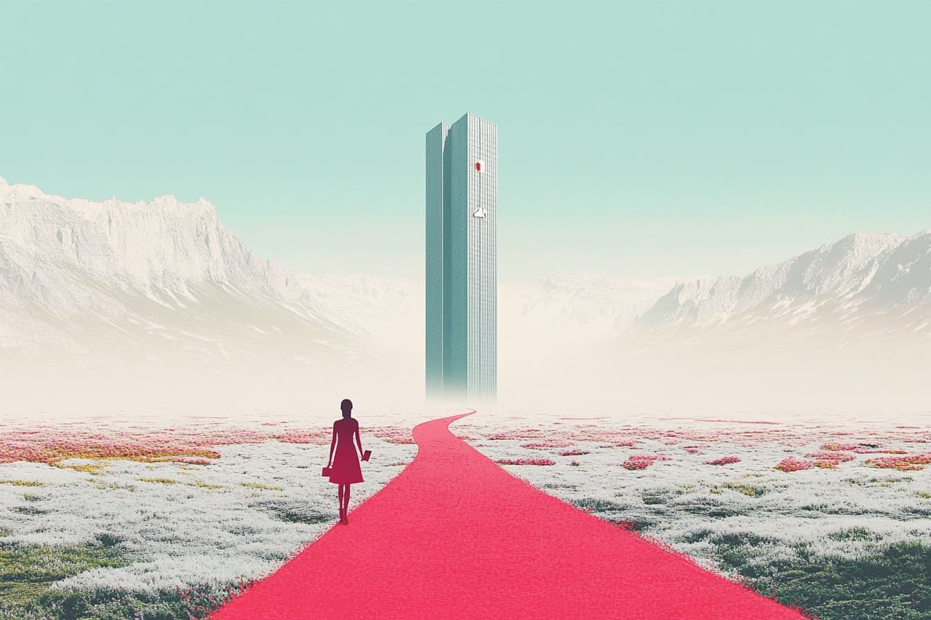 illustration of a woman on a winding red path with a large corporate building in the background