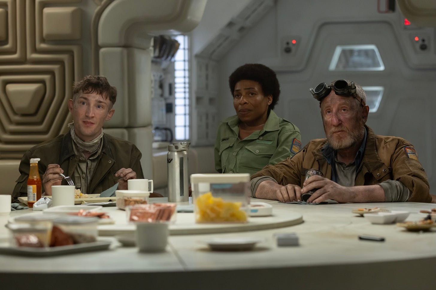 (L-R) Jamie Bisping as Malachite, Karen Aldridge as Chibuzo, and Michael Smiley as Shmuel in Alien: Earth Season 1, Episode 5, “In Space, No One…” (L-R) Jamie Bisping as Malachite, Karen Aldridge as Chibuzo, and Michael Smiley as Shmuel in Alien: Earth Season 1, Episode 5, “In Space, No One…”