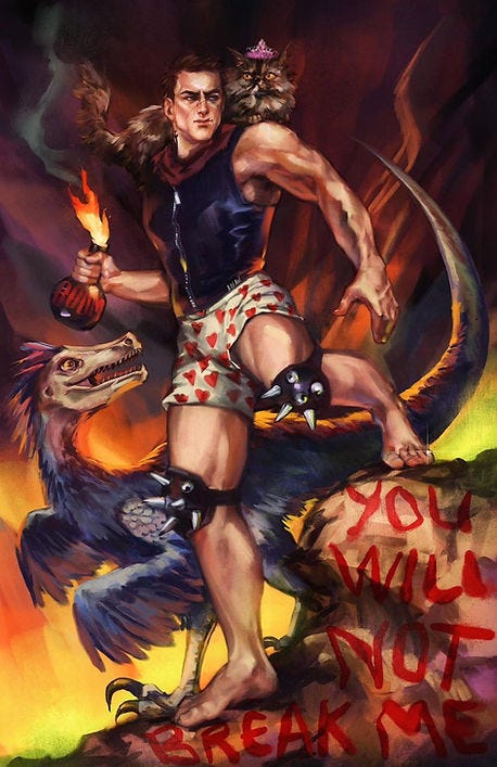 Fantasy man riding a feathered monster, holding a torch; crowned cat on shoulder, with red graffiti reading YOU WILL NOT BREAK ME.