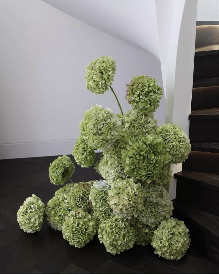 This may contain: a bunch of green flowers sitting on top of a wooden floor next to some stairs