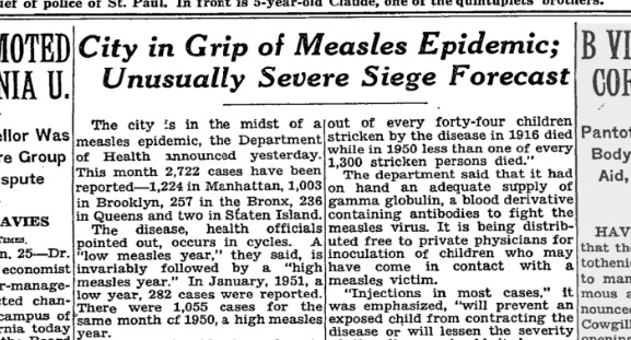 A measles epidemic hit New York City in 1951, right about when RFK Jr was born, and somebody wrote about it. In fact, the story made the front page of The New York Times!