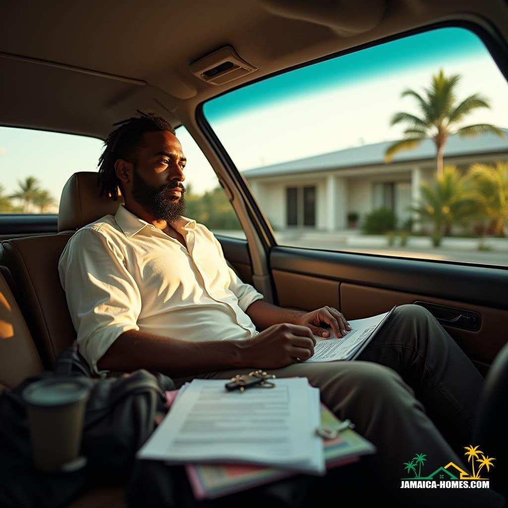 A weary Jamaican male realtor, dressed in stylish attire, sits in his car, surrounded by real estate documents, a laptop bag, and a phone, with a coffee cup, folders, and keys scattered around, warm tropical sunlight casting a cinematic glow, outside, a modern Caribbean-style house with swaying palm trees, shot in a cinematic style, with film grain, vignette, and color grading, reminiscent of photographers like Gregory Crewdson, Steve McCurry, and Martin Schoeller, with a 35mm film aesthetic.