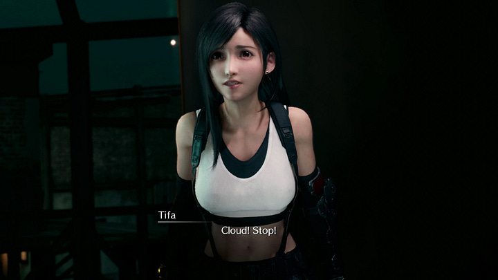 Parallel of Tifa barging into a scene related to the Reunion in the northern crater.