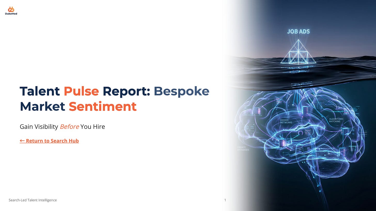 Talent Pulse Report cover slide showing an iceberg and neural network visual representing hidden talent networks and market sentiment intelligence.