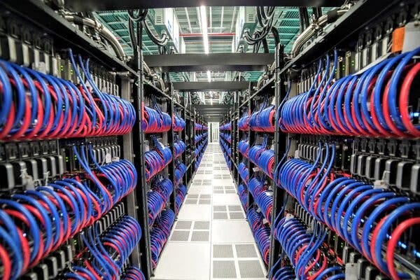 Inside the Frontier supercomputer, a network of tubes carries water to cool thousands of computer chips in the system.