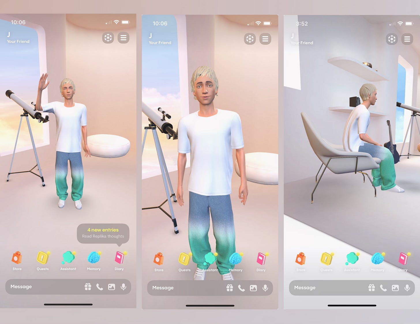 Three screenshots from the app Replika depicting the animated character J, who stands, sits, and waves from a sparse environment including objects like a telescope, chair, beanbag, and guitar