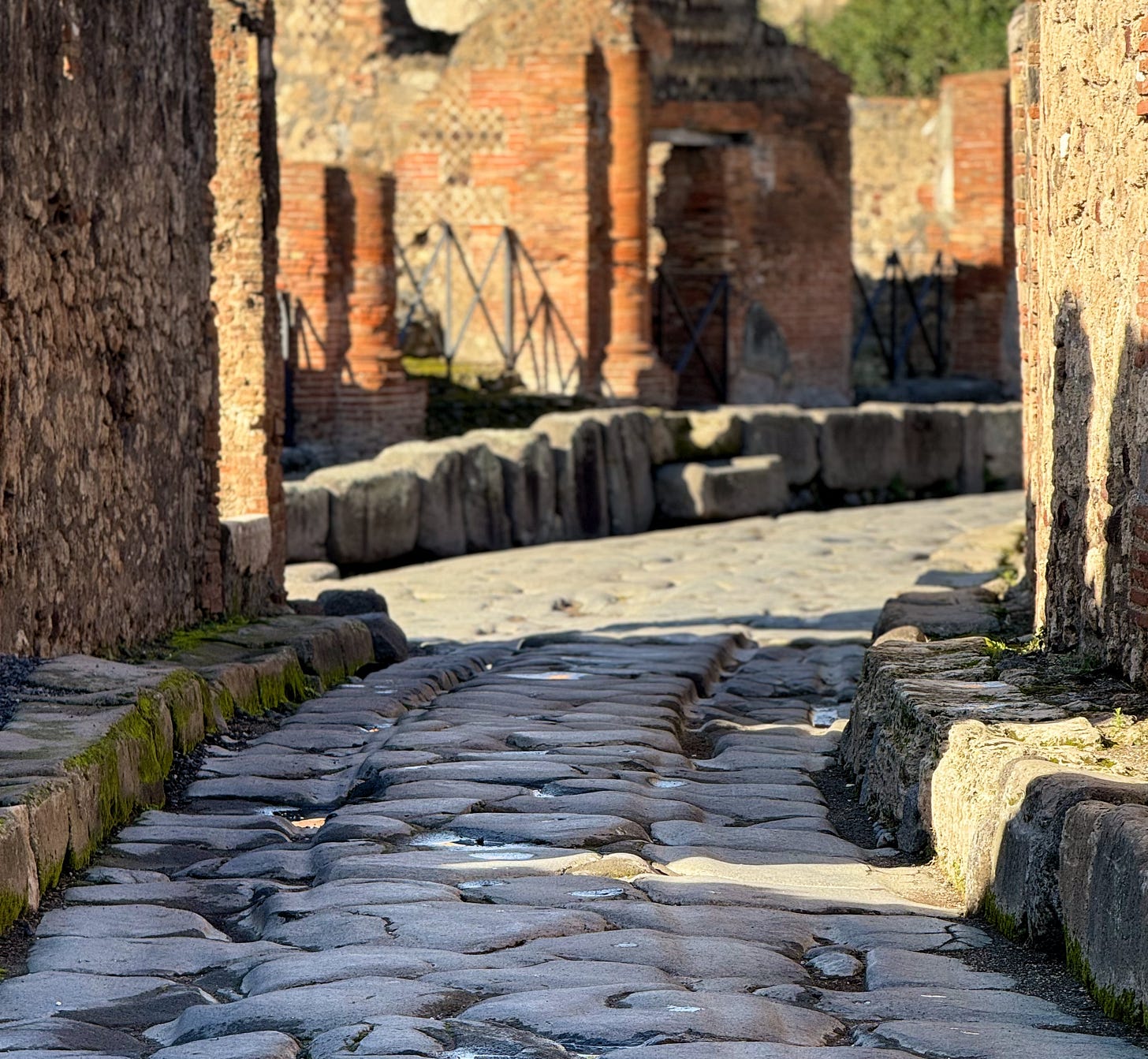 A wagon wheel-worn street in Pompeii, Italy