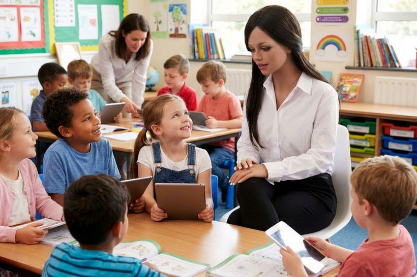 In an AI-generated image of a photograph, five young children in a classroom interact smile up at a humanoid robot whose appearance is similar to an adult woman. In the background, four children interact with an adult human teacher.