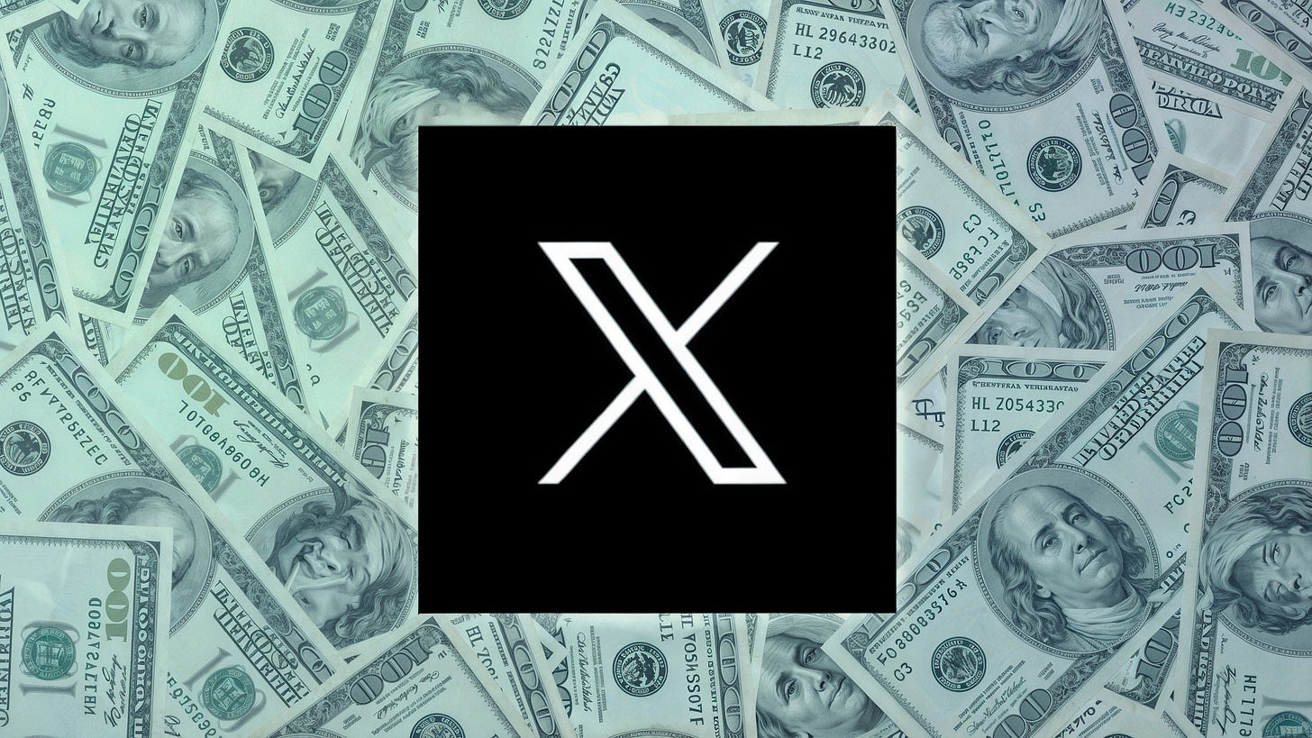 Imagem de notas de dólar americanas ao fundo com o logotipo do Twitter, uma letra "X" branca em um quadrado preto, centralizado sobre as notas.