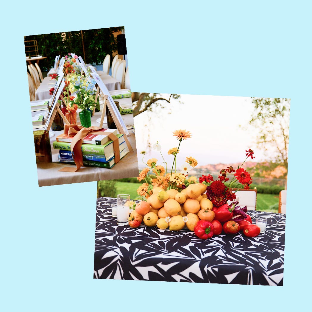 A 2-photo collage of tables with different floral arrangements on them.