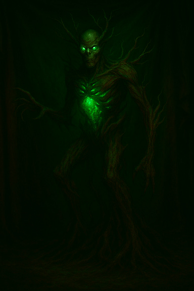 A towering CGI-inspired tree blight named Wintersplinter, designed with Doug Jones-style physicality. The creature has a skeletal frame composed of gnarled bark and twisted roots, with an emaciated skull-like face, hollow eye sockets, and angular nose ridge. Jagged branches extend from the crown of its head like a leafless halo. Its long, sinewy arms of twisted wood end in claw-like fingers, while root-like legs merge into the earth. Movements are unnaturally fluid, enhanced with CGI exaggeration, giving it an eerie elegance. The atmosphere is corrupted nature, with deep earthy tones of dark umber, mossy green, ash gray, and streaks of crimson sap. Textures include cracked bark, tangled roots, fungal growths, and splintered wood. The creature is lit from within by a veridian green glow that pulses through its hollow eye sockets, chest cavity, and cracks in its bark, casting eerie green light onto the surrounding shadows.