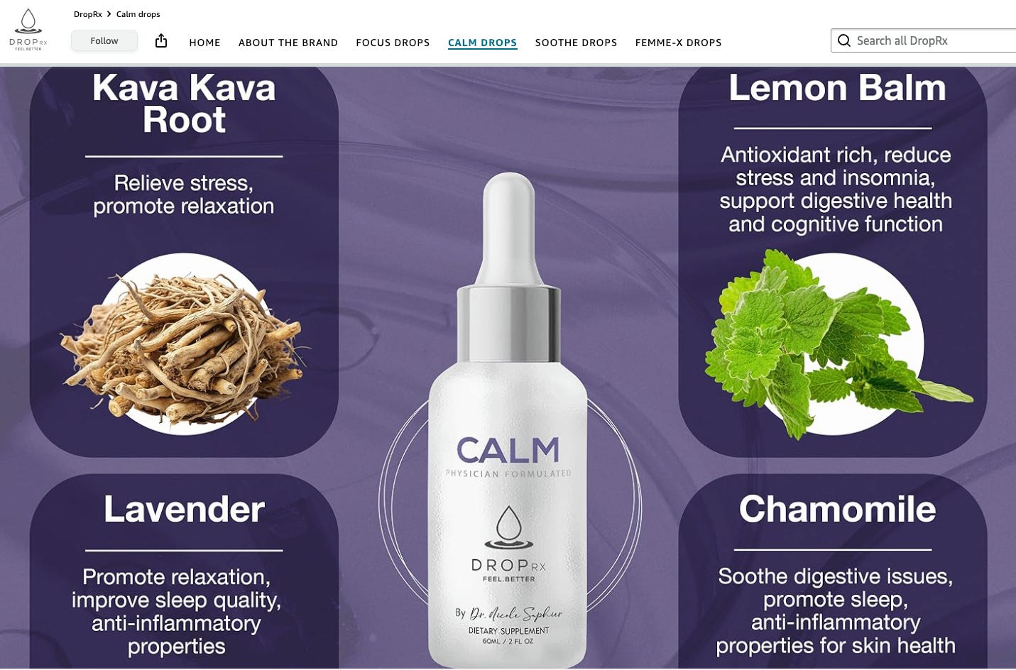 Ad for Calm shows kava, lemon balm, lavender, and chamomile. Ad for Calm shows kava, lemon balm, lavender, and chamomile.