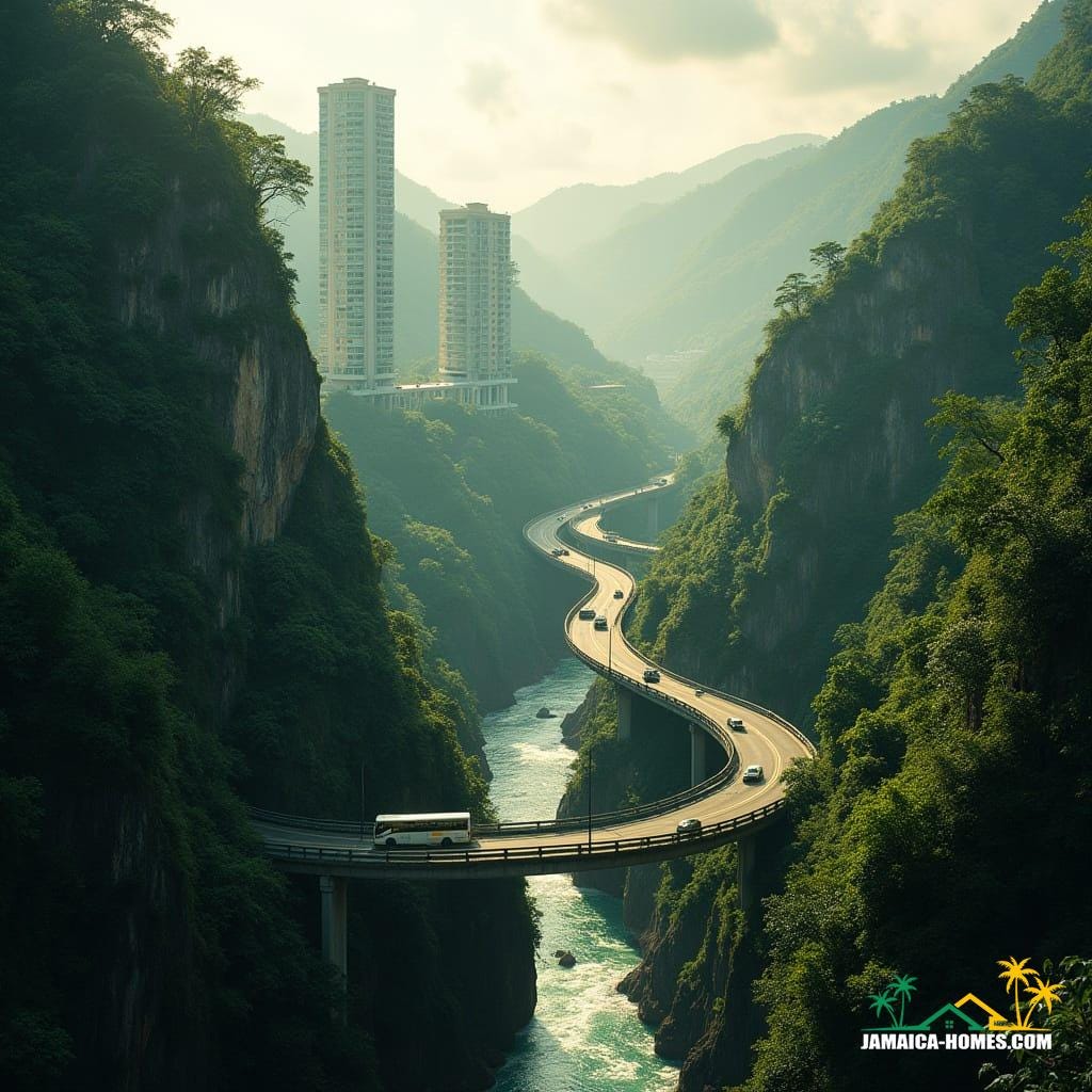 Jamaican mountain pass with narrow winding road, fast-moving river, and lush green cliffs, modern apartment towers rise with realistic glass, concrete, and steel, connected by skybridges, Jamaican taxis and cars navigate, tropical vegetation on cliffs, golden sunlight through misty clouds, in ultra-realistic cinematic style inspired by filmmakers like Denis Villeneuve, Roger Deakins, and Emmanuel Lubezki, with cinematic lighting, film grain, and vignette.