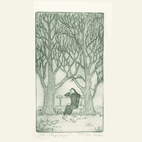 A drawing of a person sitting under a tree as the seasons change.