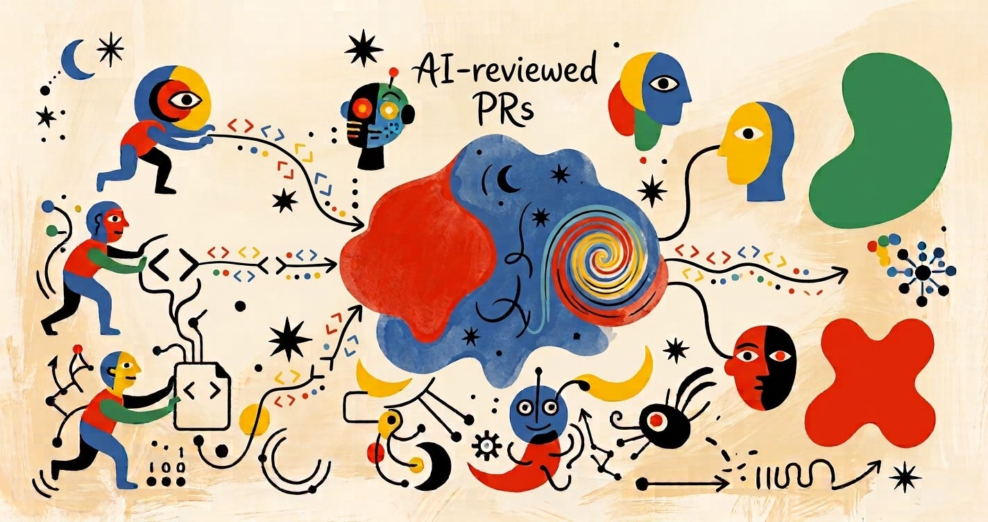 Miró-style title card in red, blue and yellow representing agent-reviewed code pull requests and how agentic AI can help to validate the huge PRs that are generated due to the adoption of agents. Miró-style title card in red, blue and yellow representing agent-reviewed code pull requests and how agentic AI can help to validate the huge PRs that are generated due to the adoption of agents.