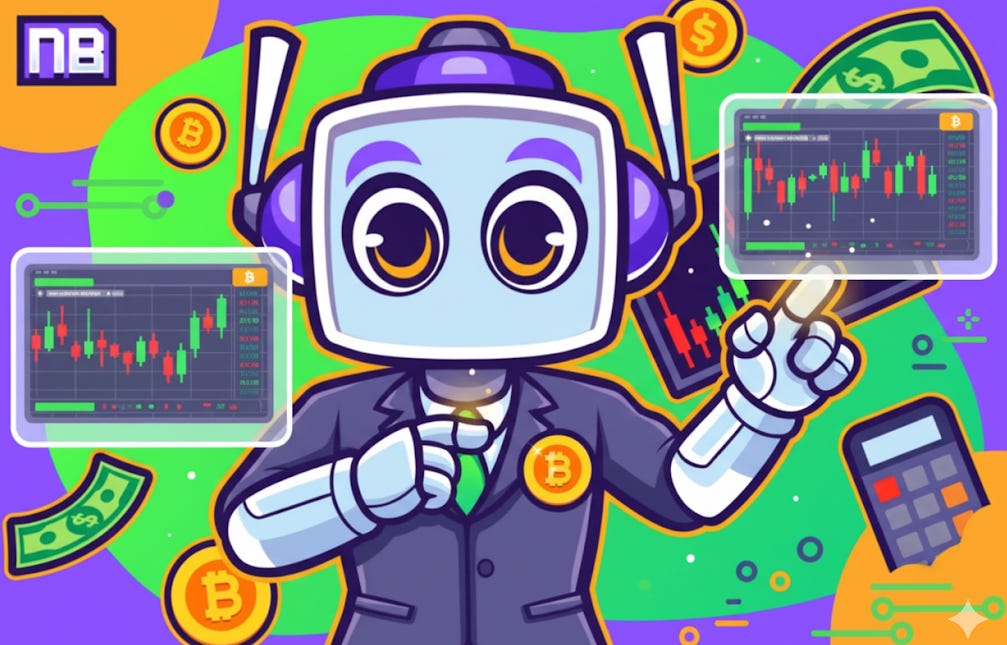 Neuralbuddy, a friendly blue robot in a suit, adjusts his Bitcoin lapel pin while interacting with multiple holographic cryptocurrency trading screens, surrounded by Bitcoin coins and dollar bills.