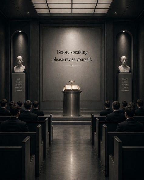 A nine-image satirical visual essay showing sleek, dark corporate and institutional interiors where signs instruct people to standardize their thoughts, revise themselves before speaking, submit unformatted thoughts, filter their tone, pre-approve authenticity, and keep grief within acceptable dimensions. The images use polished counters, velvet ropes, kiosks, chapel-like rooms, waiting areas, and bureaucratic signage to portray emotional and creative expression being managed, reviewed, and controlled.