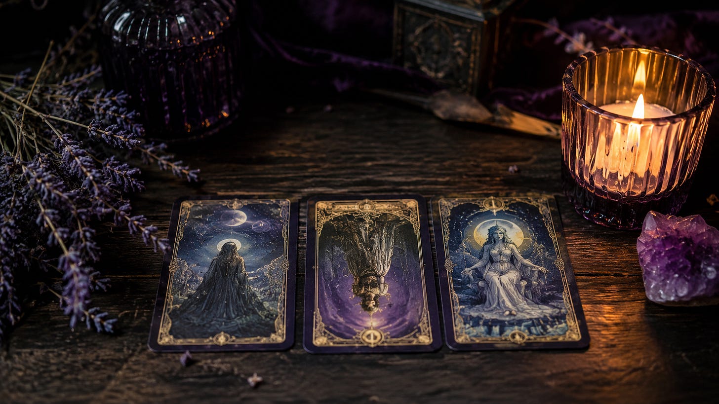 Three tarot cards laid face up on a dark wooden table beside a candle, lavender and amethyst.