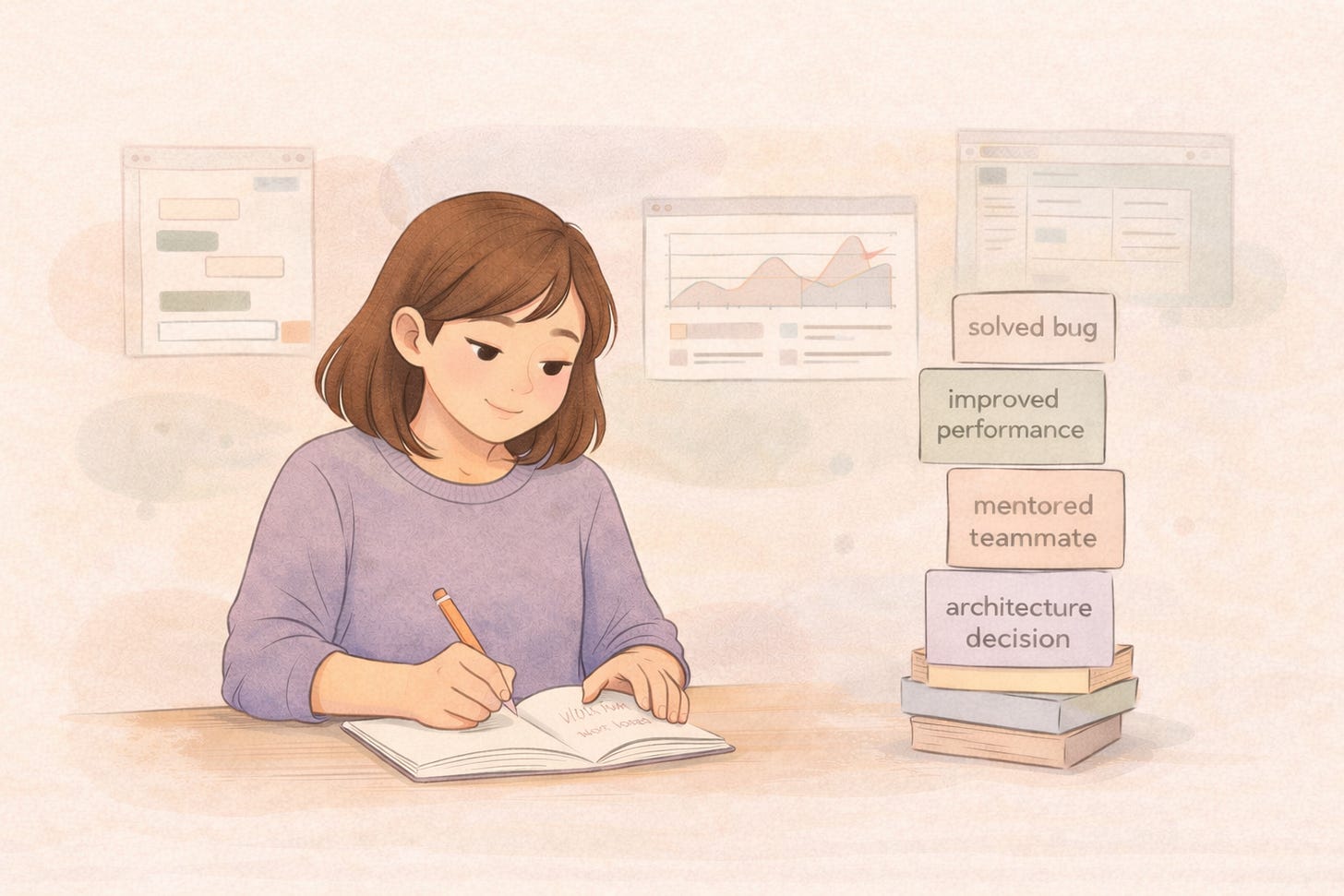 Illustration of a developer writing notes in a notebook while cards labeled “solved bug,” “improved performance,” “mentored teammate,” and “architecture decision” stack beside her, representing documented achievements. Illustration of a developer writing notes in a notebook while cards labeled “solved bug,” “improved performance,” “mentored teammate,” and “architecture decision” stack beside her, representing documented achievements.