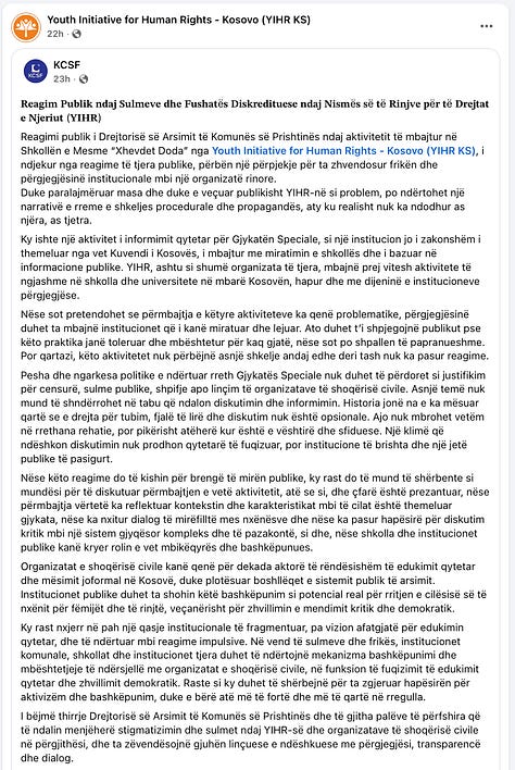 Reagime institucionale dhe të shoqërisë civile pas sulmeve ndaj një ligjërate edukative mbi Dhomat e Specializuara në gjimnazin “Xhevdet Doda”.