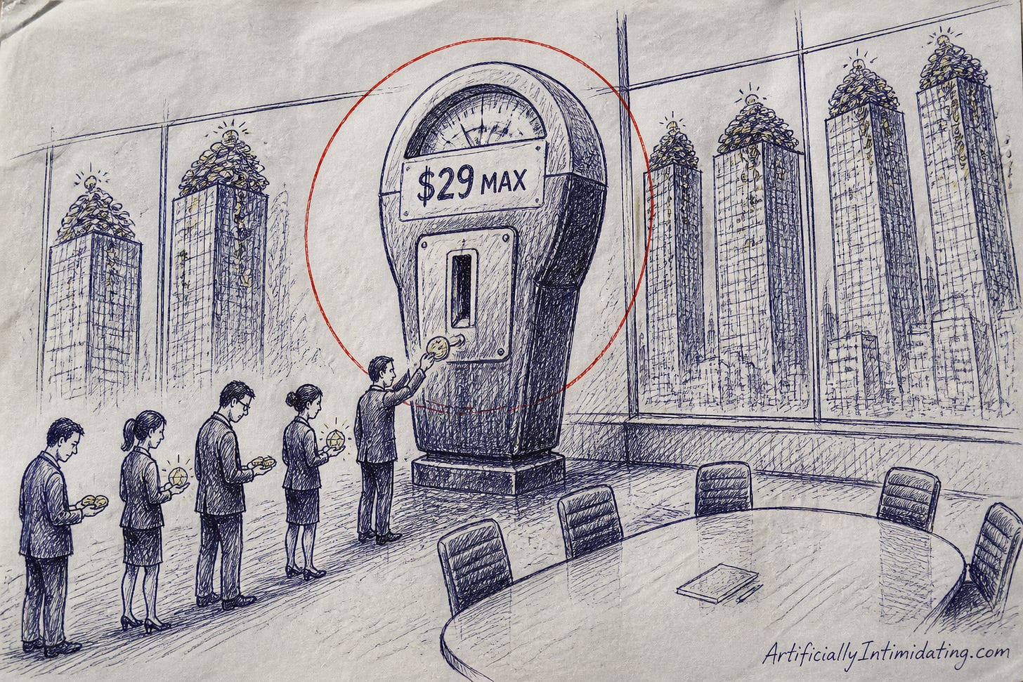 A giant parking meter stamped $29 MAX in a conference room with a line of tired office workers holding coins and tokens, while seven skyscrapers outside the window overflow with coins.