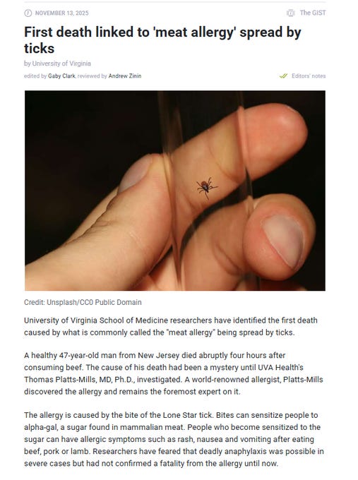 Screenshot of a news article from The Guardian dated November 12 with headline First death linked to meat allergy spread by ticks and subheadline A 47-year-old man from New Jersey died four hours after consuming beef caused by a condition called Jersey meat allergy article text discusses University of Virginia researchers identifying the first death from alpha-gal syndrome discovered by Thomas Platts-Mills who died the allergy caused by lone-star tick bites sensitizing to alpha-gal sugar in mammalian meat leading to symptoms like rash nausea vomiting after eating red meat with image of a lone-star tick on a finger