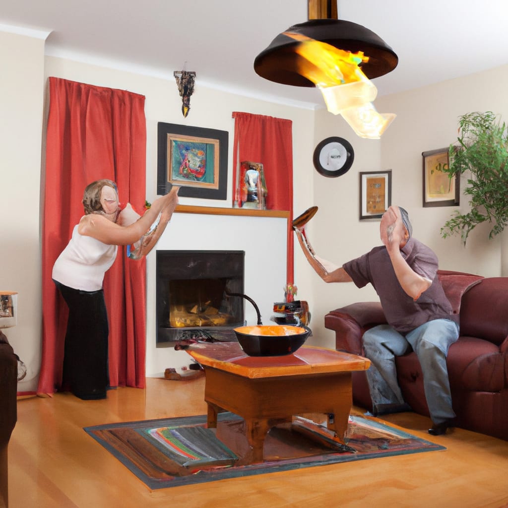 DALL-E 2 image of a couple with melted faces chasing a weird fire spirit in a living room